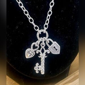 JUDITH RIPKA Sterling Silver CZ Heart Key Lock Pendant Charm Chain Link Necklace